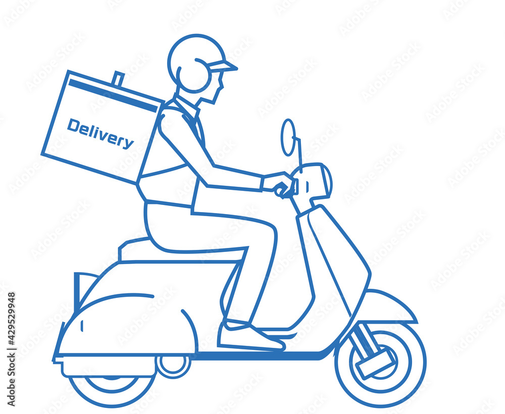 フードデリバリーバイク原付きスクーターとスタッフの線画イラスト アイコン Vektornyj Obekt Stock Adobe Stock
