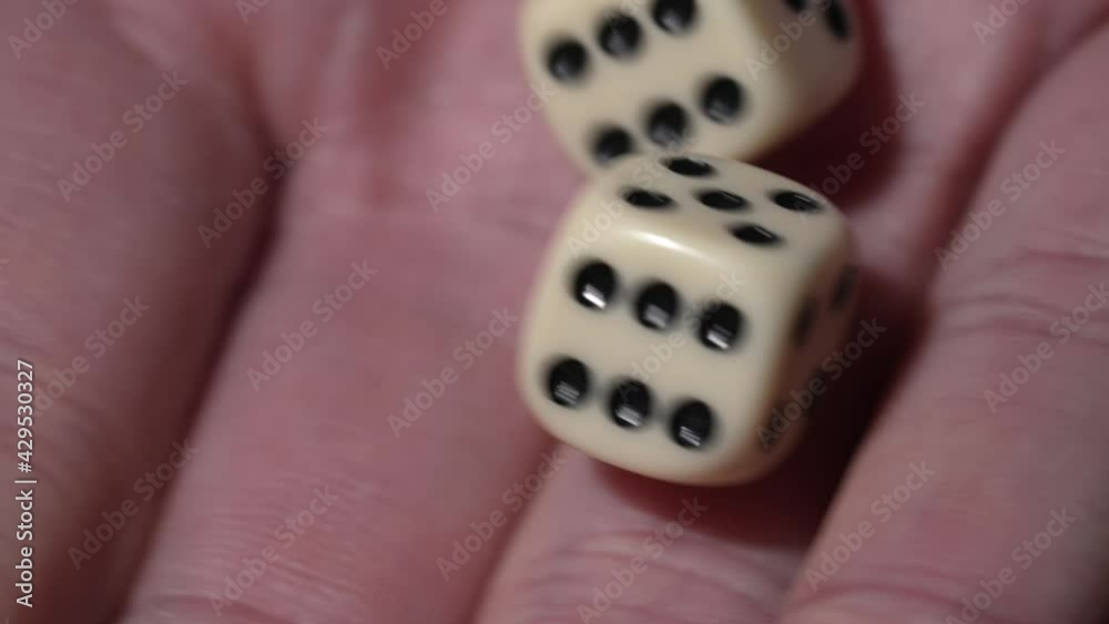 This video shows a close up view of a hand shaking dice around and