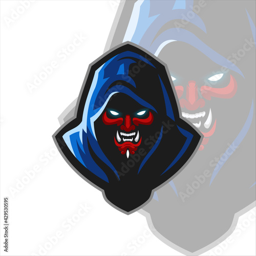 Assassin Red Devil head with blue robe Mascot Logo Illustration Template