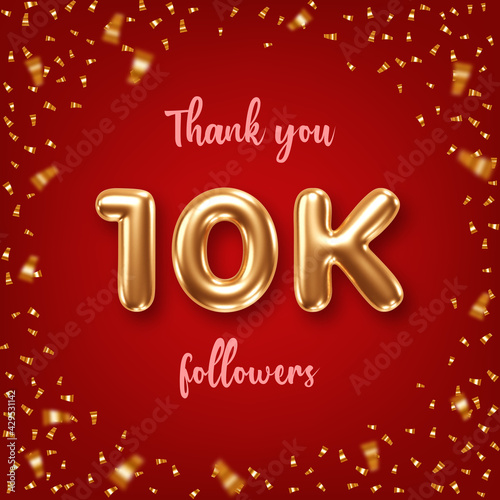 Thank you followers. Social media achievement poster with golden 3d numbers and confetti on red background © nonikastar