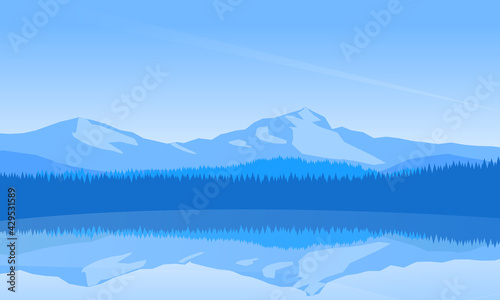 Mountains landscape wallpaper. Illustration of mountains, lake, trees and mirror landscape.
