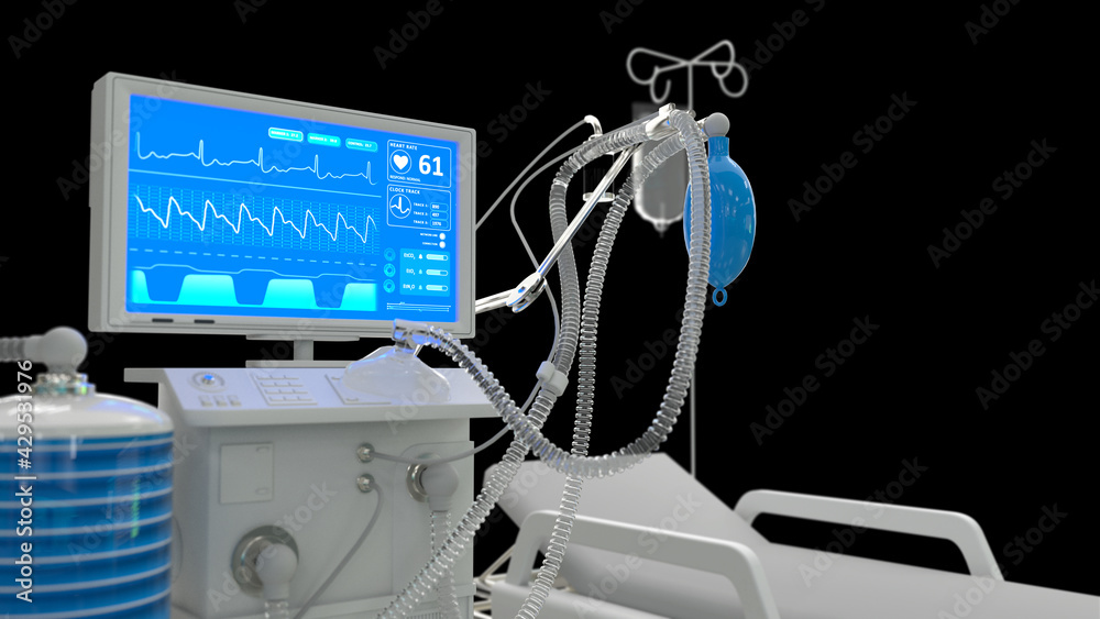 ICU lungs ventilator with bed rendered isolated on black, medicine 3d illustration