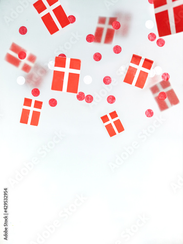 Denmark. June 5, constitution day, September 21, happy independence day, national holiday, flag foggy background. Dannebrog. Defocusing