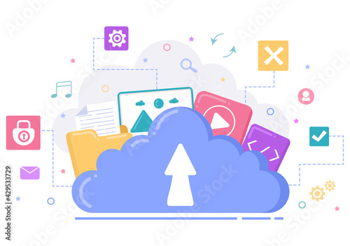 Cloud Storage Service Illustration for Hosting or Data Center, Online File Download, Upload, Management and Technology