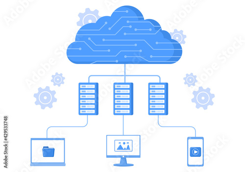 Cloud Storage Service Illustration for Hosting or Data Center, Online File Download, Upload, Management and Technology