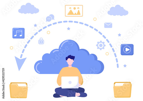 Cloud Backup Storage illustration of Computer System For Information Sharing, Hosting, Saving, Copying File, Server, and Data Center