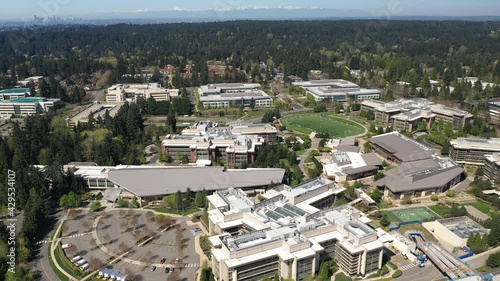 Cinematic aerial bird's-eye drone video clip of the Microsoft Corporate Headquarters, Microsoft Commons, Microsoft Studio in Overlake and Redmond, Washington, near Bellevue, Seattle photo