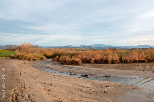 Santa Clara river estuary with lowering water level at the river mouth in Ventura California United States