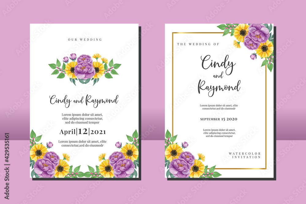 Wedding invitation frame set, floral watercolor hand drawn Anemone and Peony Flower design Invitation Card Template