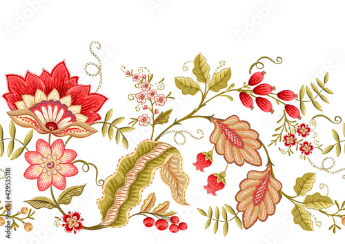 Seamless pattern with stylized ornamental flowers in retro, vintage style. Jacobin embroidery. Colored vector illustration isolated on white background.
