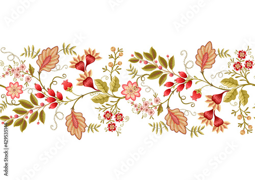 Seamless pattern with stylized ornamental flowers in retro, vintage style. Jacobin embroidery. Colored vector illustration isolated on white background.