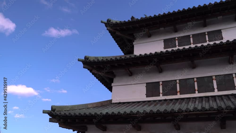 Static view of Japanese castle with slow moving clouds against blue sky Static view of Japanese castle with slow moving clouds against blue sky