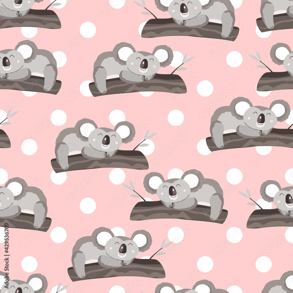 Seamless pattern with cute koala baby on color polka dots background