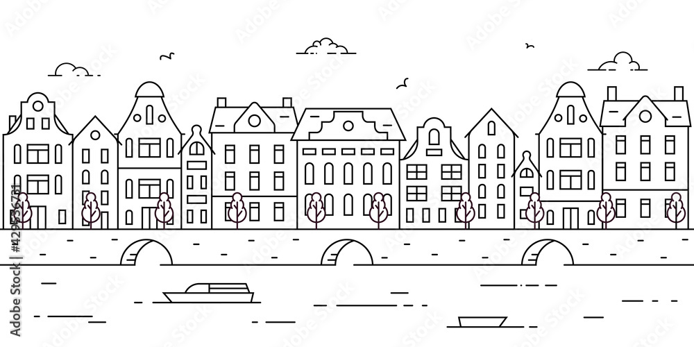 Outline panorama of european city with historical buildings. Europe, Holland, river, sea channel, canal, bridge, boat, embankment, multicolored street. Coloring page. Vector illustration in flat style