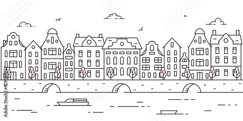 Outline panorama of european city with historical buildings. Europe  Holland  river  sea channel  canal  bridge  boat  embankment  multicolored street. Coloring page. Vector illustration in flat style
