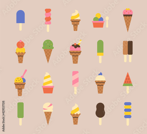 Various ice cream icons in different flavors. flat design style minimal vector illustration.