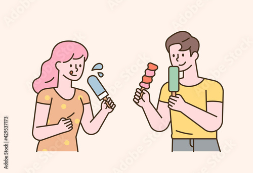 People eating ice cream sticks. flat design style minimal vector illustration.