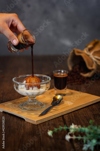 Affogato coffee, Italian coffee topped with vanilla ice cream.