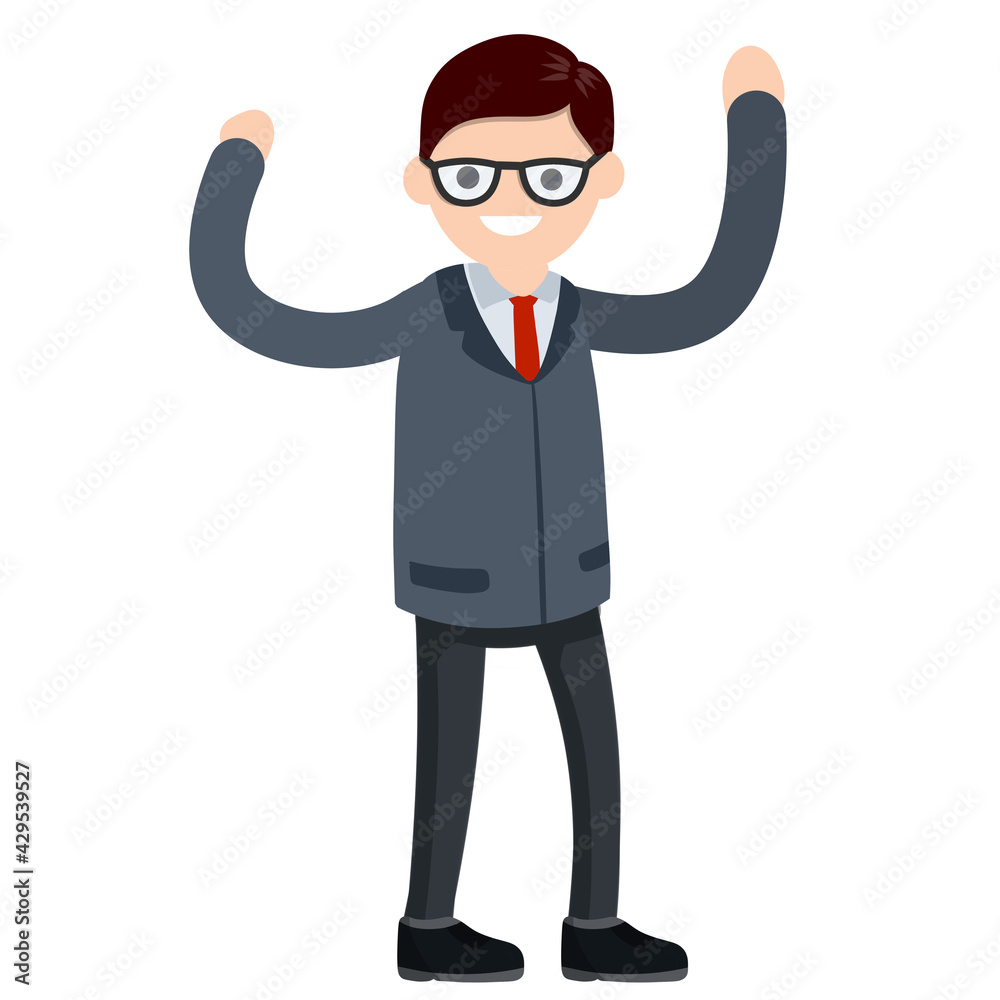 Businessman in suit. Man gestures hand. Office worker. happy Employee of company stands in pose. Funny guy in tie. Cartoon flat illustration Businessman in suit. Man gestures hand. Office worker. happy Employee of company stands in pose. Funny guy in tie. Cartoon flat illustration