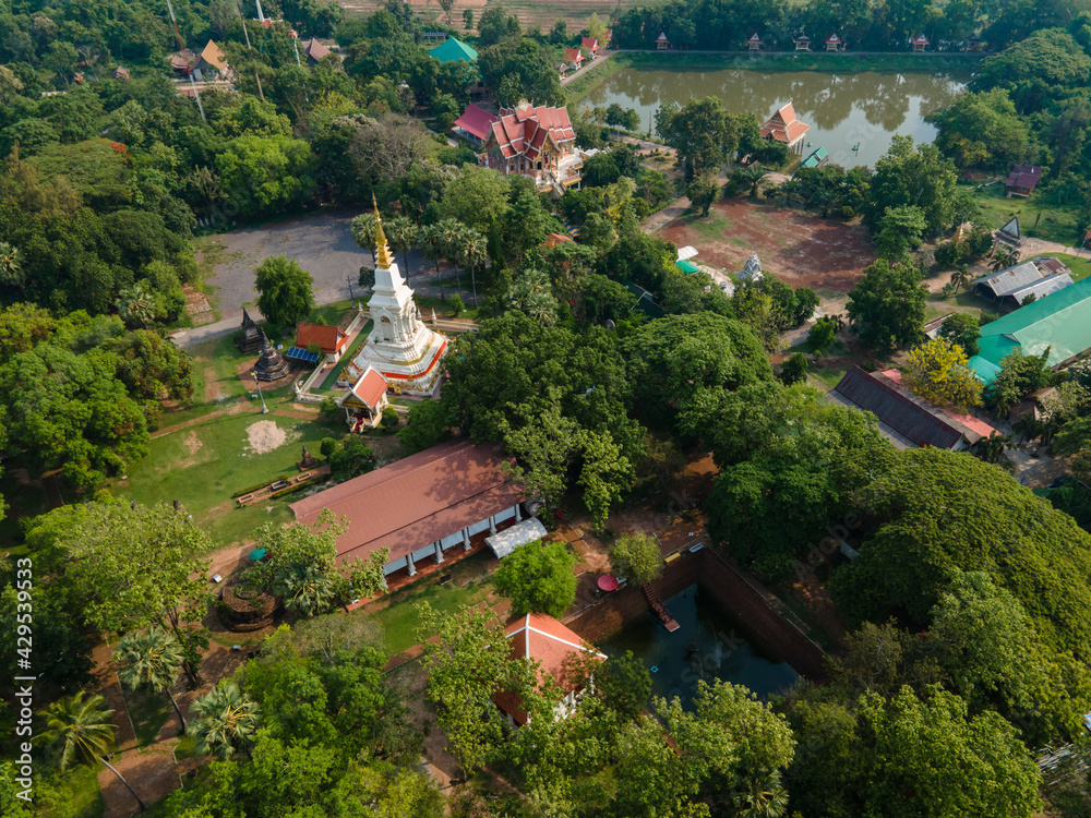 Aerial view Pagoda of Wat Phra That Bang Phuan is the old temple in Nongkhai of Thailand