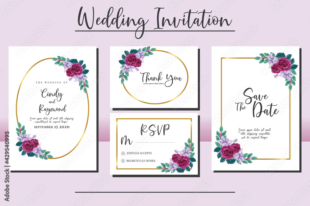 Wedding invitation frame set, floral watercolor hand drawn Rose and Lily Flower design Invitation Card Template
