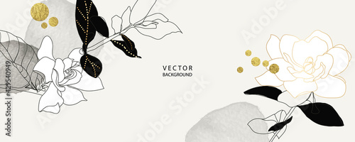 minimal background in black and white flowers and tropical summer leaf decorate with golden foil metallic texture