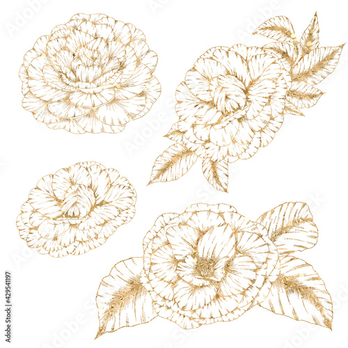 Gold lina camelia flowers, golden botanica, florals, wedding design elements