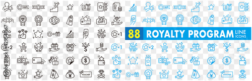 Royalty program line icon set. Included icons as member, VIP, exclusive, diamond, badge, high level and more.