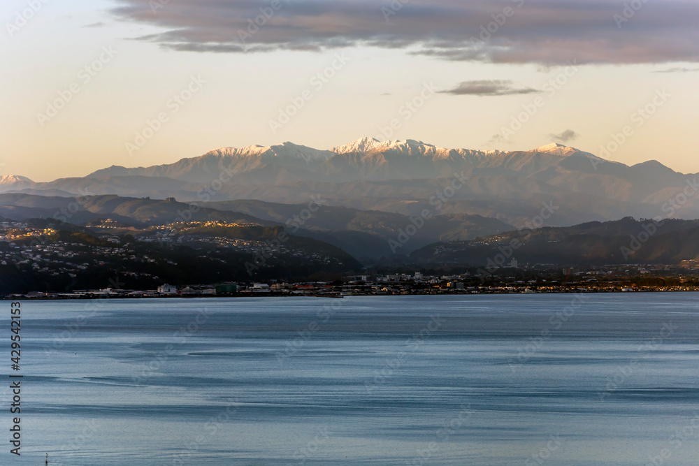 Snowy mountains view from Wellington, New Zealand