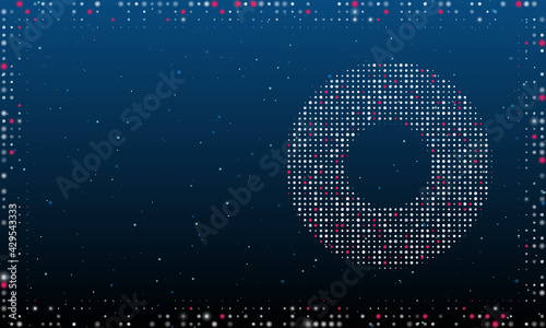 On the right is the record media symbol filled with white dots. Pointillism style. Abstract futuristic frame of dots and circles. Some dots is pink. Vector illustration on blue background with stars