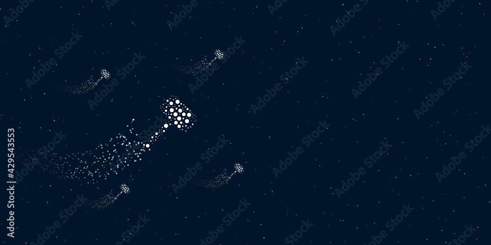 A sledgehammer symbol filled with dots flies through the stars leaving a trail behind. There are four small symbols around. Vector illustration on dark blue background with stars A sledgehammer symbol filled with dots flies through the stars leaving a trail behind. There are four small symbols around. Vector illustration on dark blue background with stars