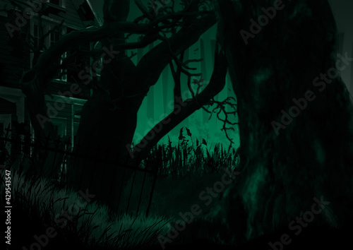 闇夜の森の中の家の緑のイラスト © nijin