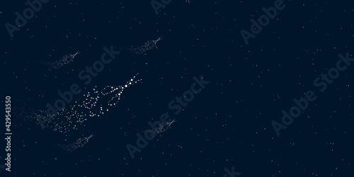 A scissors symbol filled with dots flies through the stars leaving a trail behind. Four small symbols around. Empty space for text on the right. Vector illustration on dark blue background with stars