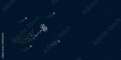 A sledgehammer symbol filled with dots flies through the stars leaving a trail behind. There are four small symbols around. Vector illustration on dark blue background with stars