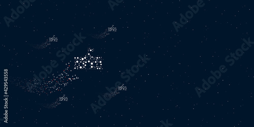 A school building symbol filled with dots flies through the stars leaving a trail behind. There are four small symbols around. Vector illustration on dark blue background with stars