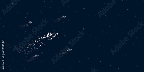 A saturn symbol filled with dots flies through the stars leaving a trail behind. Four small symbols around. Empty space for text on the right. Vector illustration on dark blue background with stars