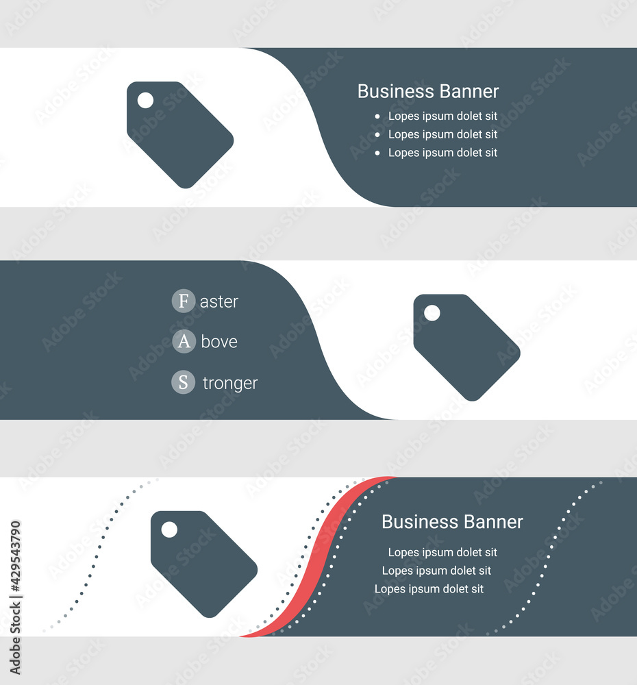 Set of blue grey banner, horizontal business banner templates. Banners with template for text and discount label symbol. Classic and modern style. Vector illustration on grey background