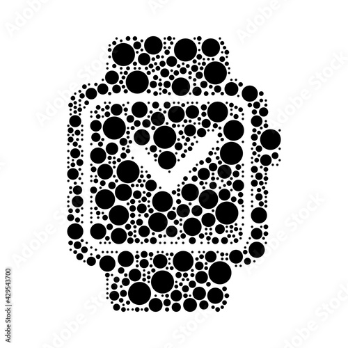 A large smart watch symbol in the center made in pointillism style. The center symbol is filled with black circles of various sizes. Vector illustration on white background
