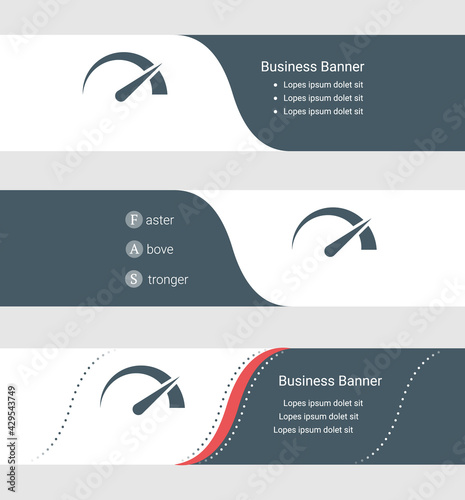 Set of blue grey banner, horizontal business banner templates. Banners with template for text and tachometer symbol. Classic and modern style. Vector illustration on grey background