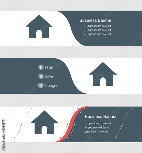 Set of blue grey banner, horizontal business banner templates. Banners with template for text and kennel symbol. Classic and modern style. Vector illustration on grey background