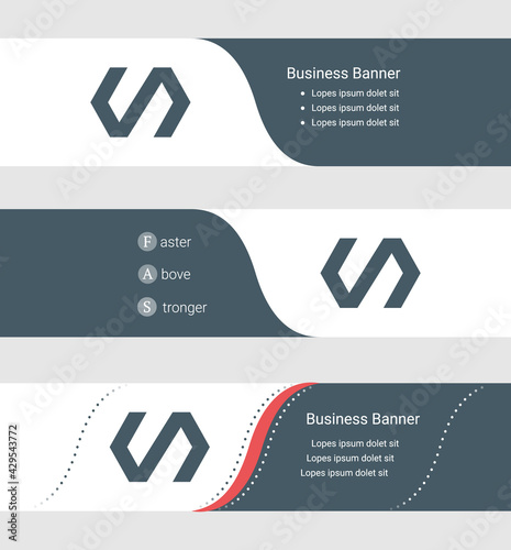 Set of blue grey banner, horizontal business banner templates. Banners with template for text and polymer symbol. Classic and modern style. Vector illustration on grey background