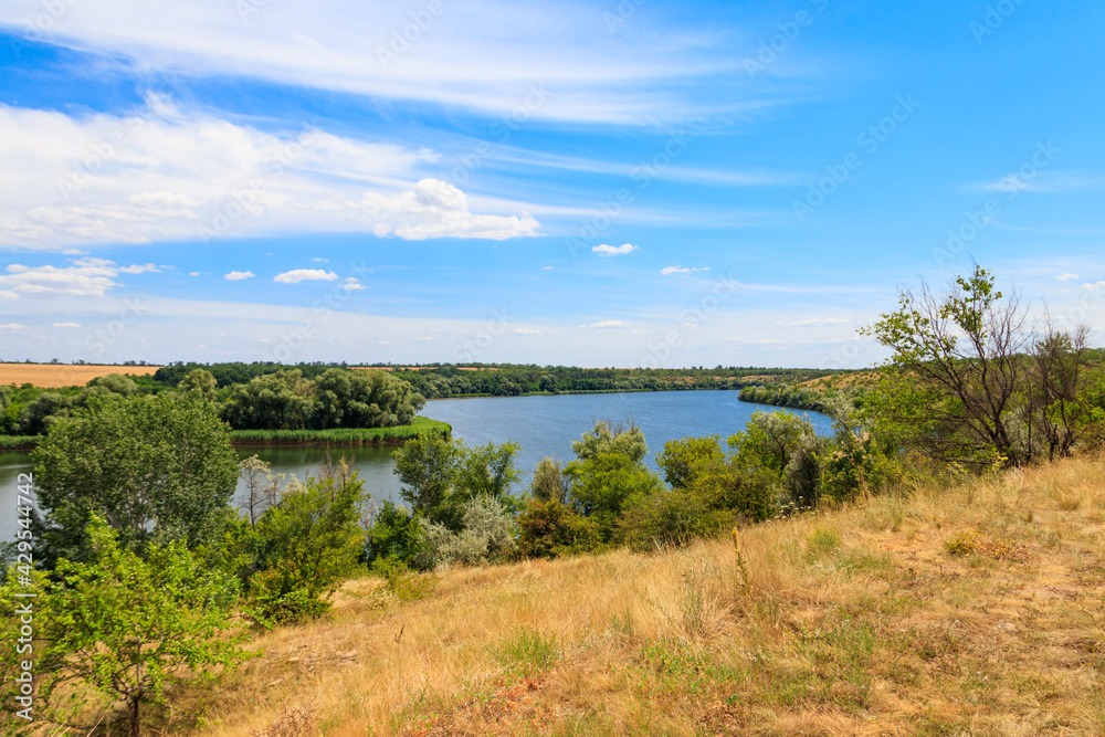 Obraz premium Summer landscape with beautiful river, green trees and blue sky