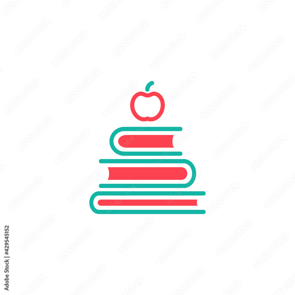 stack of books outline silhouette and apple. Isolated on white background. Flat minimalism icon. Vector stack of books outline silhouette and apple. Isolated on white background. Flat minimalism icon. Vector