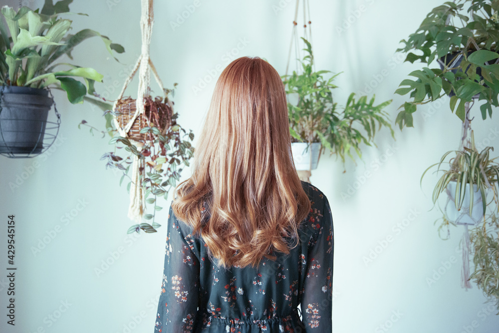 観葉植物に囲まれた 綺麗な巻き髪の女性の後ろ姿 Stock Photo Adobe Stock