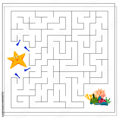 A maze game for kids. Guide the cartoon starfish through the maze to the corals. Vector