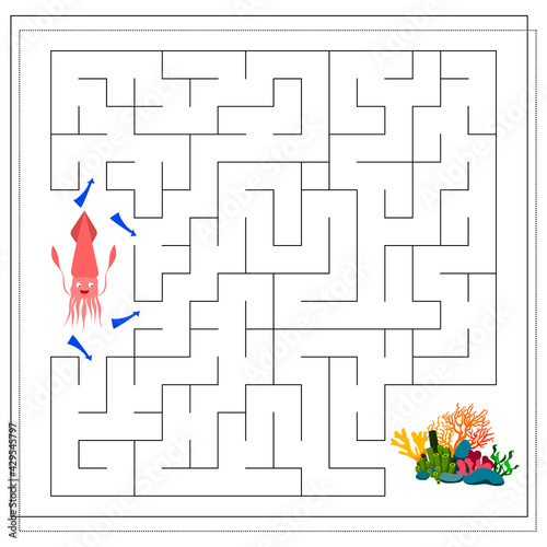 A maze game for kids. Guide the cartoon squid through the maze to the corals. Vector
