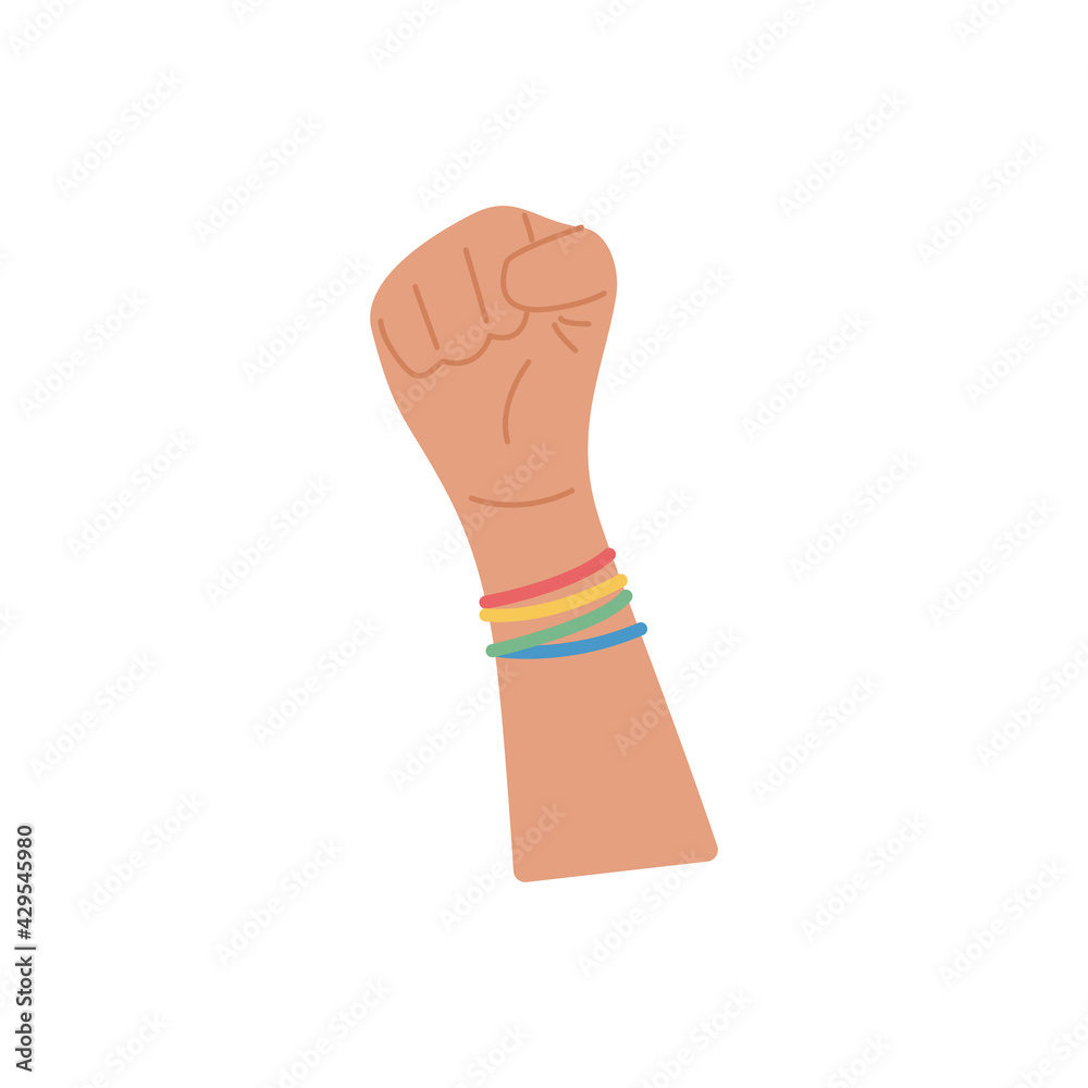 A person raised arm fist. Protesting Hand gesture with rainbow colored decoration. Element for Pride Month celebration. Homosexual Symbol for LGTBQ parade. Vector flat illustration isolated on white. A person raised arm fist. Protesting Hand gesture with rainbow colored decoration. Element for Pride Month celebration. Homosexual Symbol for LGTBQ parade. Vector flat illustration isolated on white.