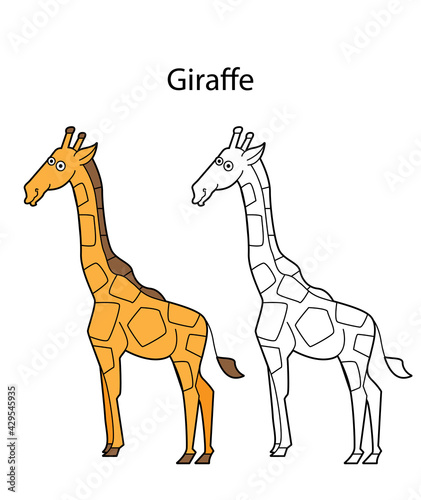 Funny cute animal giraffe isolated on white background. Linear, contour, black and white and colored version. Illustration can be used for coloring book and pictures for children