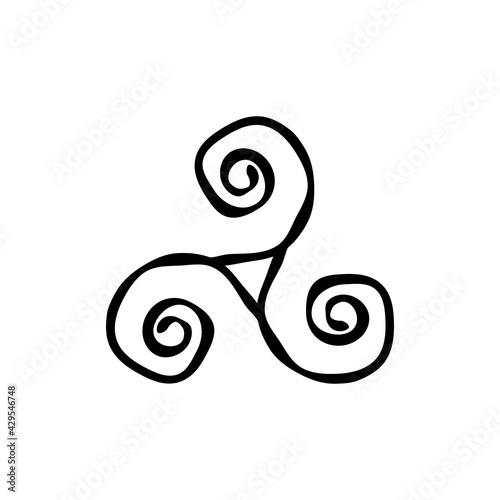 Triskelion or Triskele spiral triangle hand drawn shabby symbol.