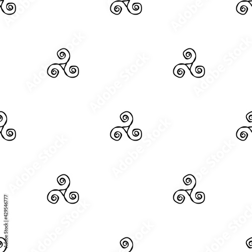 Seamless ornament with Triskelion or Triskele spiral triangle. Hand drawn shabby pattern